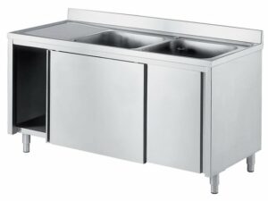 Spülschrank mit 2 Becken rechts, mit Schiebetüren und mit Aufkantung 1400x700x850mm