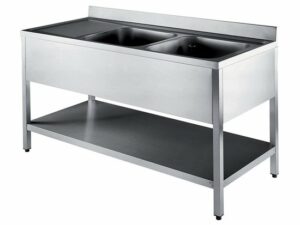 Spülschrank mit 2 Becken links mit Unterboden und mit Aufkantung 1400x700x850mm