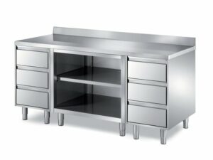 Pro Arbeitsschrank offen, seitlich mit je 3 Schubladen und mit Aufkantung 1200x700x850mm