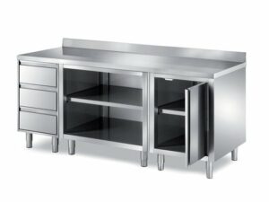 Pro Arbeitsschrank offen, seitlich mit 3 Schubladen, 1 Tür und mit Aufkantung 1200x700x850mm