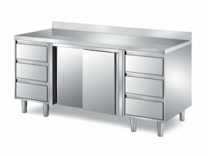Pro Arbeitsschrank mit Schiebetüren, seitlich mit je 3 Schubladen und mit Aufkantung 1600x700x850mm