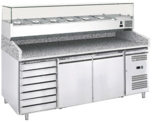 Eco Pizzatisch mit Schubladen, 2 Türen und mit Aufsatzvitrine 2020x800x1000 mm