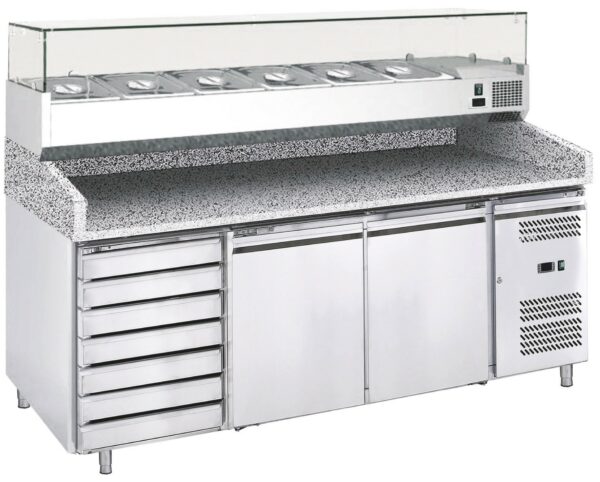 Eco Pizzatisch mit Schubladen, 2 Türen und mit Aufsatzvitrine 2020x800x1000 mm