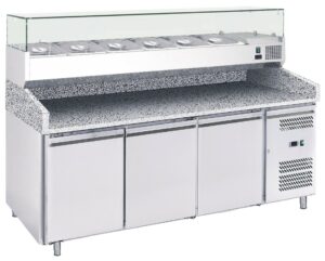 Eco Pizzatisch mit 3 Türen und mit Aufsatzvitrine 2020x800x1000 mm