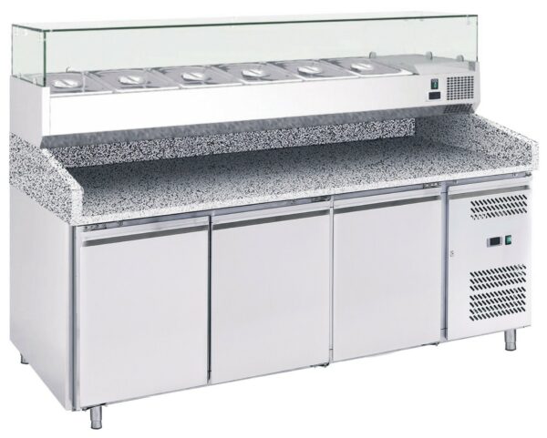 Eco Pizzatisch mit 3 Türen und mit Aufsatzvitrine 2020x800x1000 mm