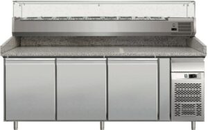 Pro Pizzatisch mit 3 Türen und mit Aufsatzvitrine 2020x800x1000 mm
